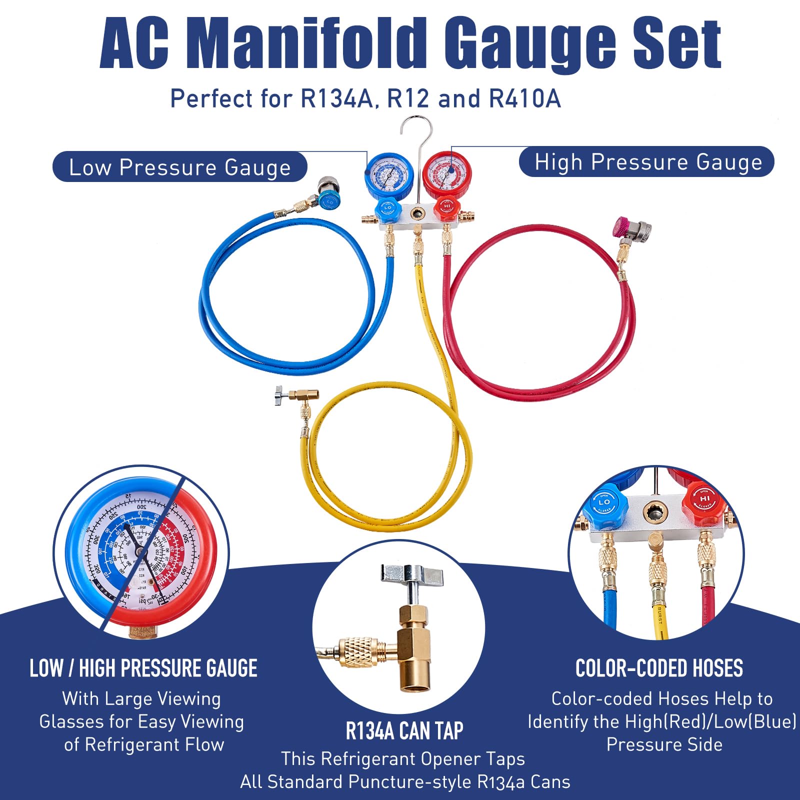 BACOENG Set di 4 Pompe per Vuoto CFM AC e manometro, Kit Pompa per Vuoto HVAC con rilevatore di perdite per refrigeranti R134a R410a R12 R22, con Rubinetto e accoppiatori rapidi
