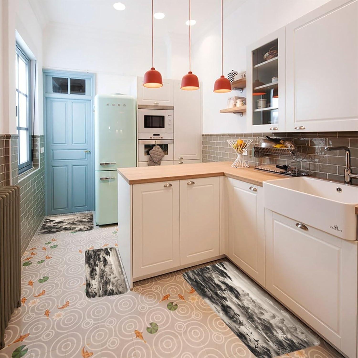 Black and White Landscape Kitchen Mat Set of 3 Waterproof Floor Mats Non-Slip Kitchen Rugs Premium Flannel Rug Heavy Duty Standing Mat for Kitchen Home Bathroom Laundry