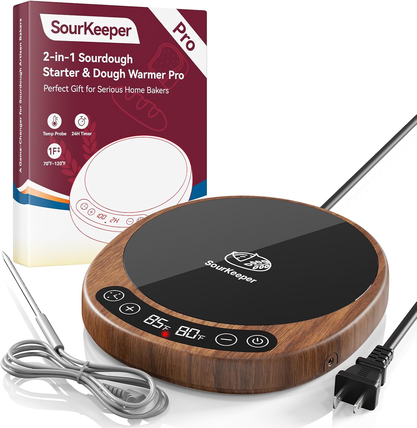 SourKeeper, Larger 2-in-1 Sourdough Starter Warmer Pro - 2026 Upgrade Larger Heating Plate, Dough Temp Probe, 1°F Control (70–110°F), 24H Timer, Real-Time Monitoring Walnut,6.5inch - Image 8