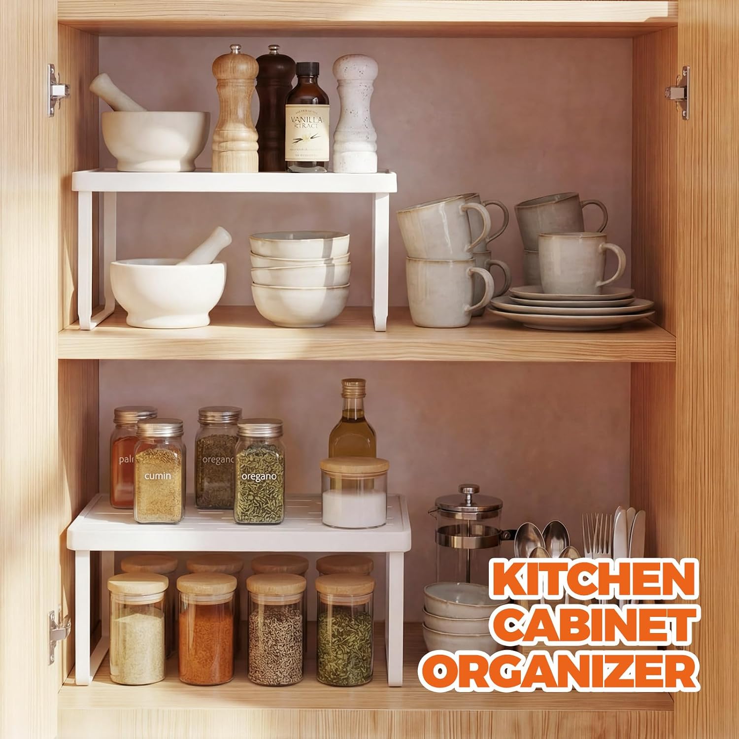 Cabinet Organizer Shelf, Countertop Risers, Kitchen Storage Rack