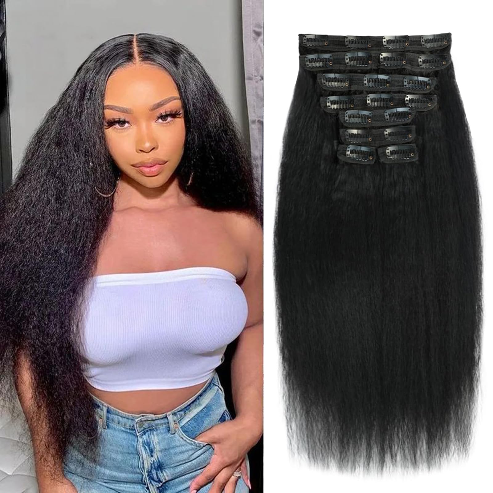 20 Inch Kinky Straight Clip in Hair Extensions Real Human Hair Clip in Extensions 8Pcs 110g 20 Clips Brazilian Virgin Hair Yaki Straight Clip ins
