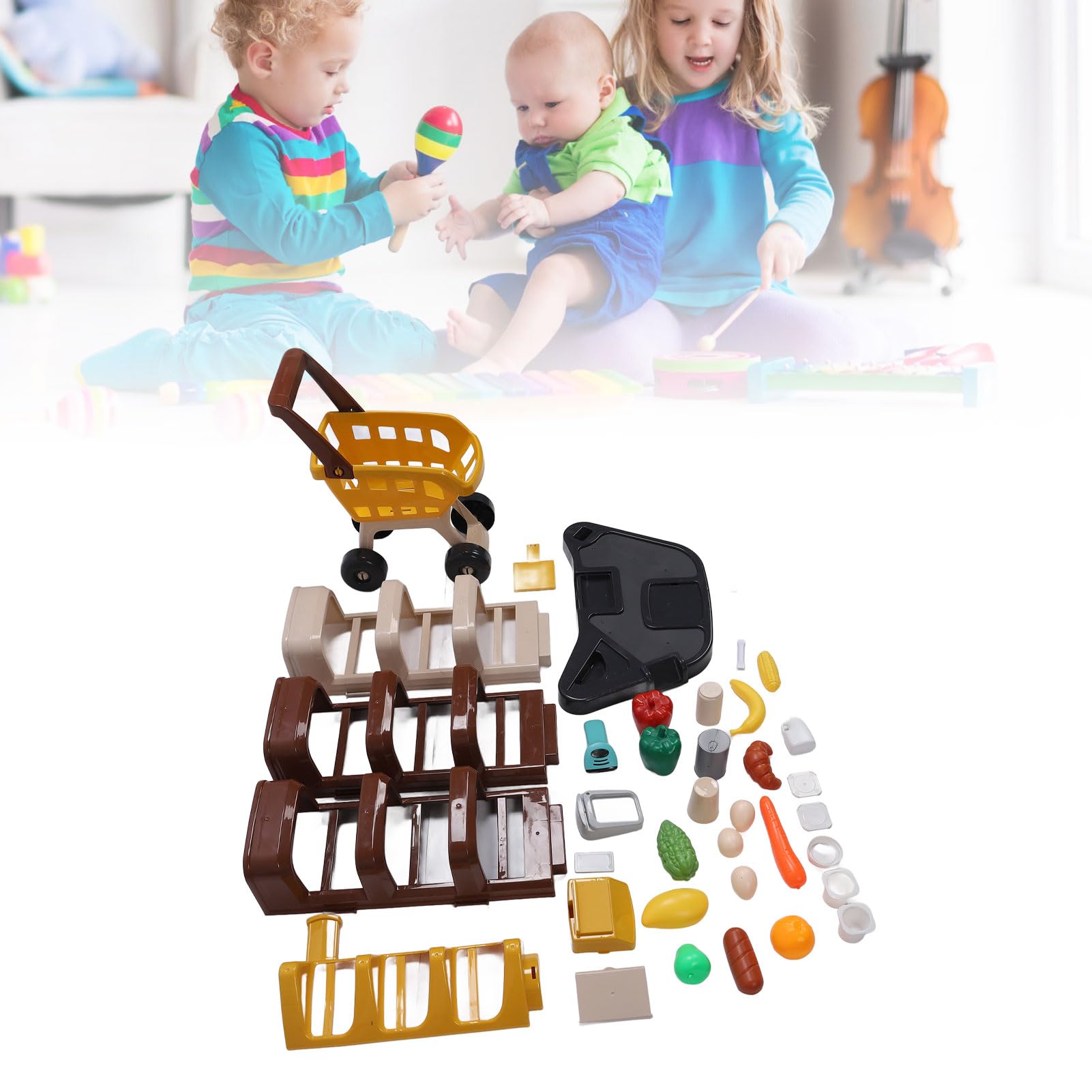 Alomejor Set da Gioco per il Negozio di Alimentari per Bambini, con Scanner Funzionante e Registratore di Cassa per il Carrello della spesa. Gioca a Giocattoli Alimentari