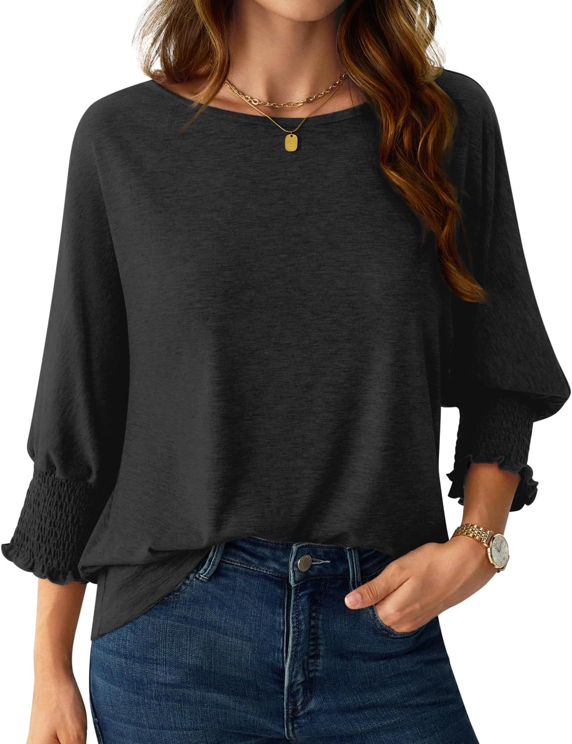 NORACORA Women’s 3/4 Sleeve Tops Loose Fit Dressy Casual T Shirts for Women Basic Tees Blouses with Smocked Cuffs