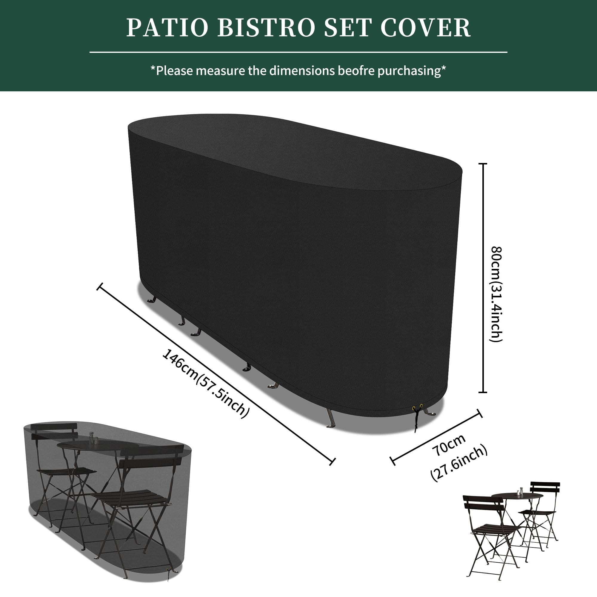 Bistro Set Abdeckung,Balkonmöbel Set Abdeckung Wasserdicht Abdeckplane 420D Oxford Gewebe Patio Gartenmöbel Abdeckung ,Winterfest,Anti-UV,146 x 70 x 80 cm
