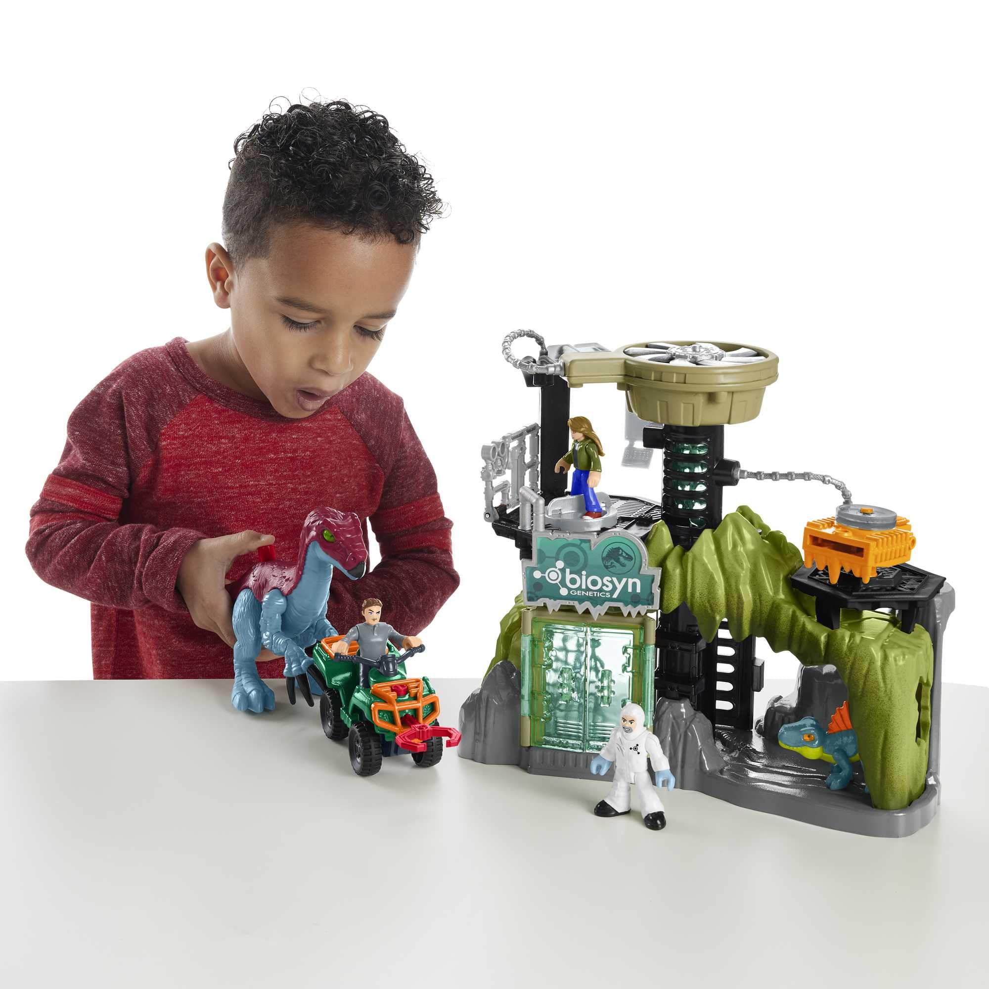 Fisher-Price Imaginext Jurassic World Laboratorium dinozaurów Zestaw z figurkami (Owen Grady, Maisie i Dr Grant) i dinozaurami: terizinozaurem i dimetrodonem, dla dzieci od 3 roku życia, HPT69