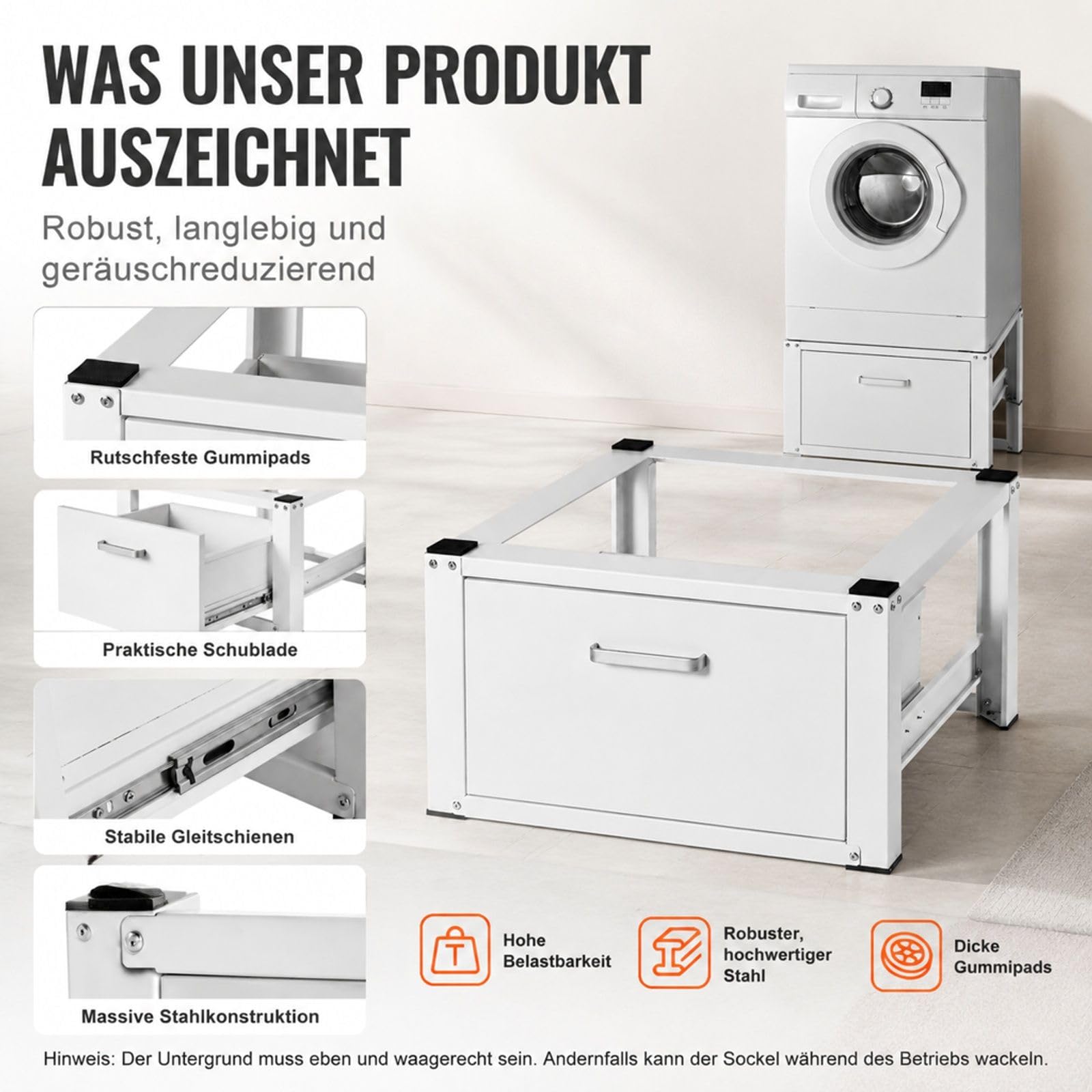 Universeller Waschmaschinen- und Trockner-Sockel mit Schublade, Untergestell für Waschküche mit Zubehör