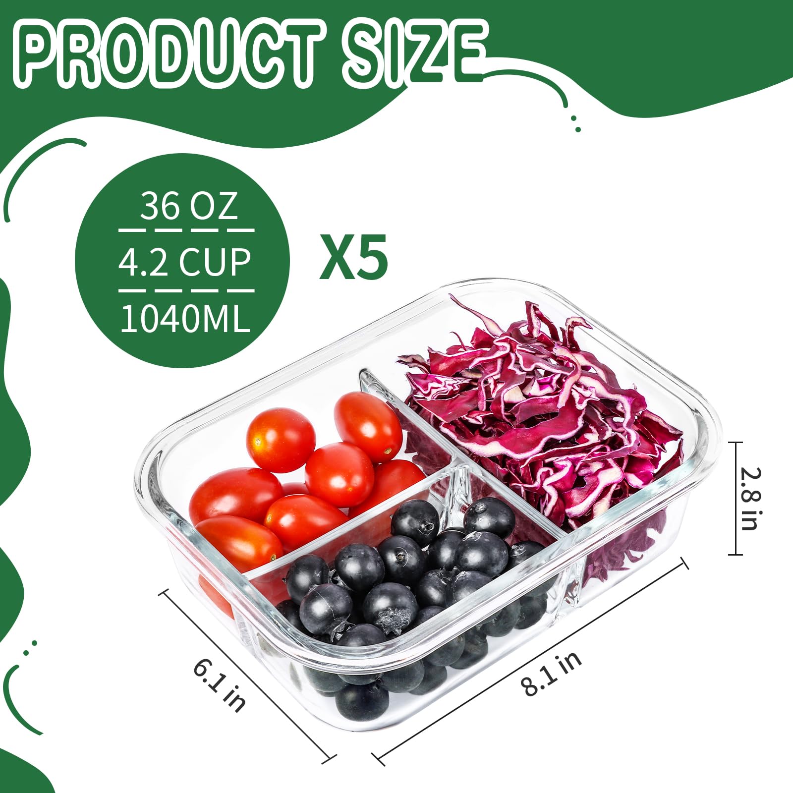 Skroam 5 Contenitori Per Alimenti In Vetro Borosilicato, 1040 Ml Con Coperchi Ermetici, Per Preparazione Pasti E Dispensa