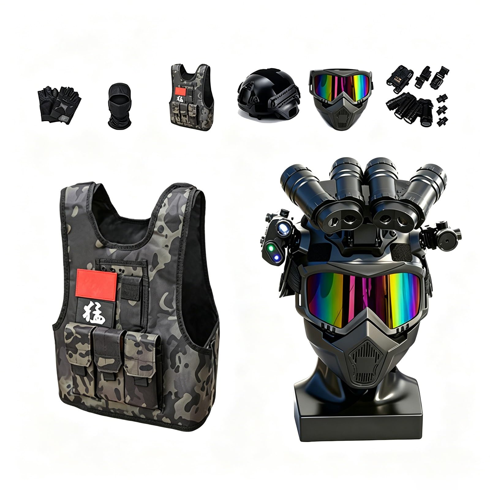Kinder Militär Kostüm Set Soldat Armee Rollenspiel Outfit mit Zubehör, Halloween und Geburtstags Geschenk Verkleidungsset