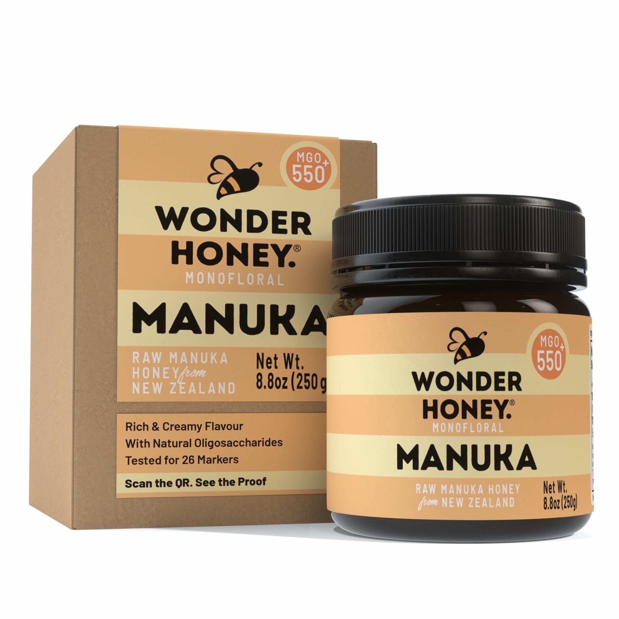 Wonder HoneyRaw Manuka Honey New Zealand MGO550 (15+) Tested for 26 Markers, Traceable, Natural Soothing for Sore Throat, Cough - Aids Digestion - Triple Sealed for safety in a Protective Box (250g)