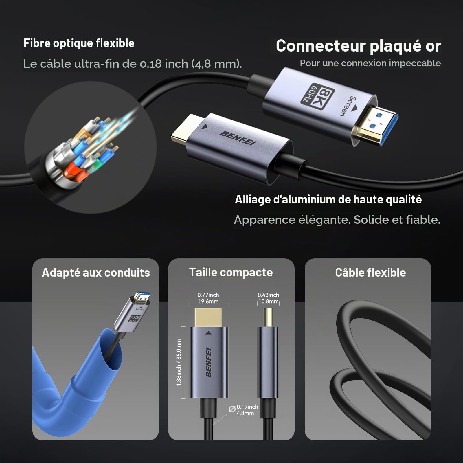BENFEI Câble HDMI 2.1 Fibre Optique 30 M - 8K@60Hz, 4K@240Hz, 48 Gbit/s, Certification Murale CL3, avec eARC/HDR Dynamique/HDCP 2.3 - Pour PS5, Xbox, PC GPU, TV, Projecteur et Systèmes Home Cinéma