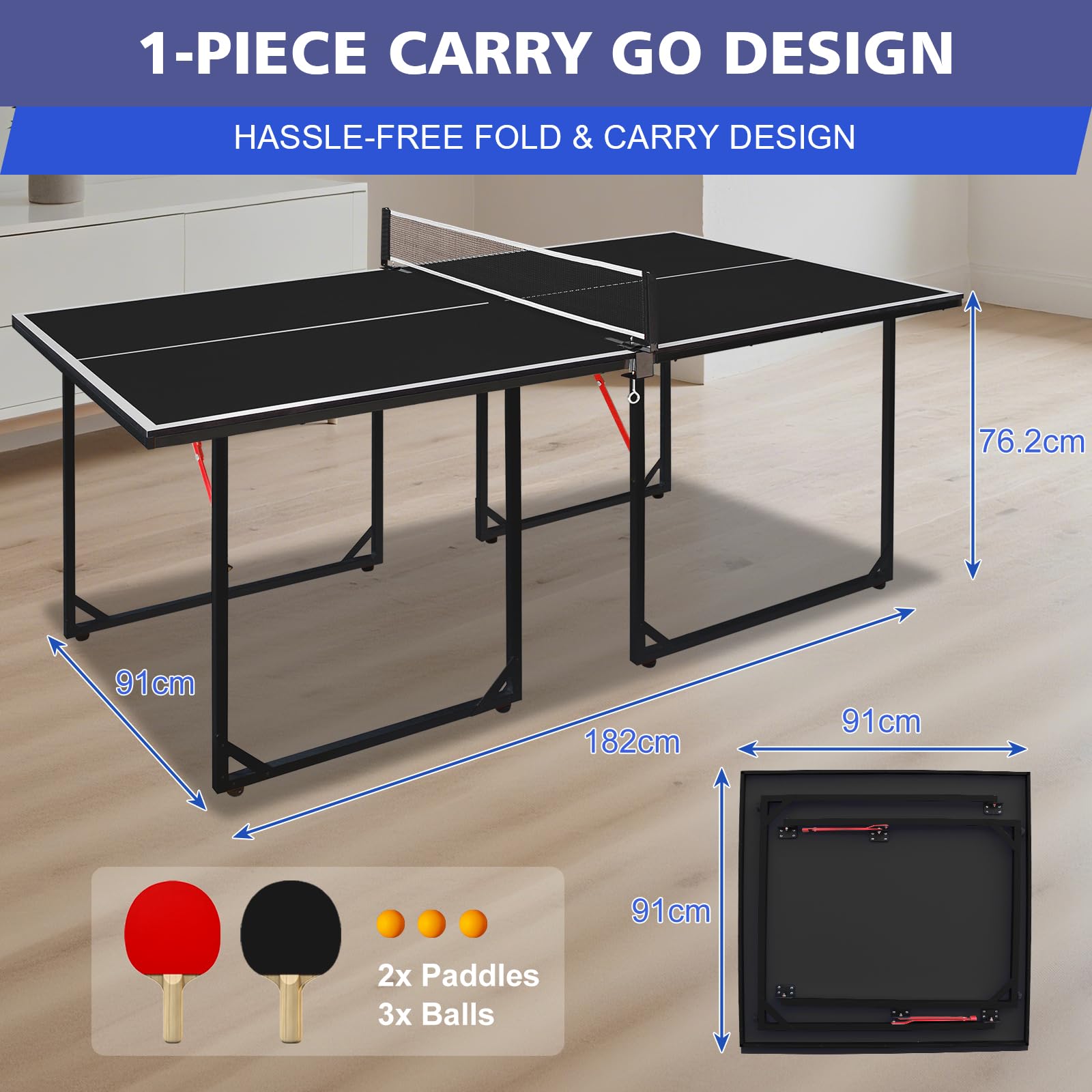 Pingpong Tisch 182cm Faltbar Mit Netz Schläger Bälle Schwarz
