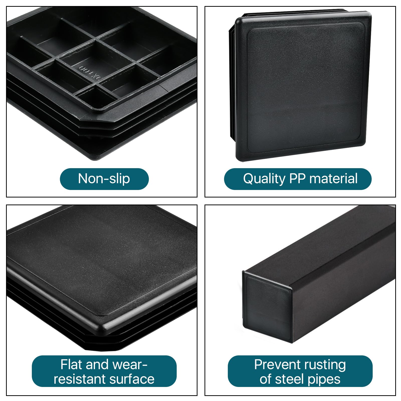 4 Tappi Antiscivolo Per Gambe Di Mobili - In Plastica Nera, 100x100 Mm, Per Tubi Quadrati
