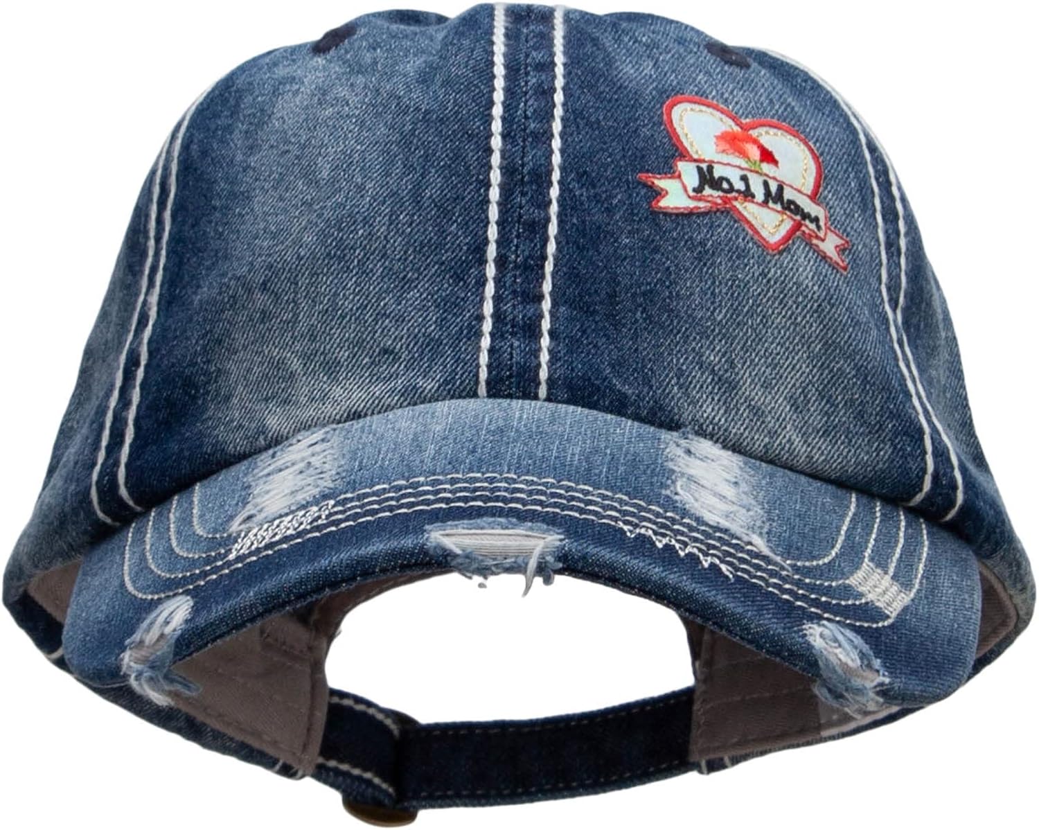 e4Hats.com Iridescent No.1 Mom Heart Patched Distressed Heavy Washed Denim Cap