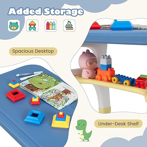 Miniatura 3 de HONEY JOY Juego de mesa y silla para niños, mesa de actividades con forma de dinosaurio y 2 sillas para manualidades artísticas, bloques de