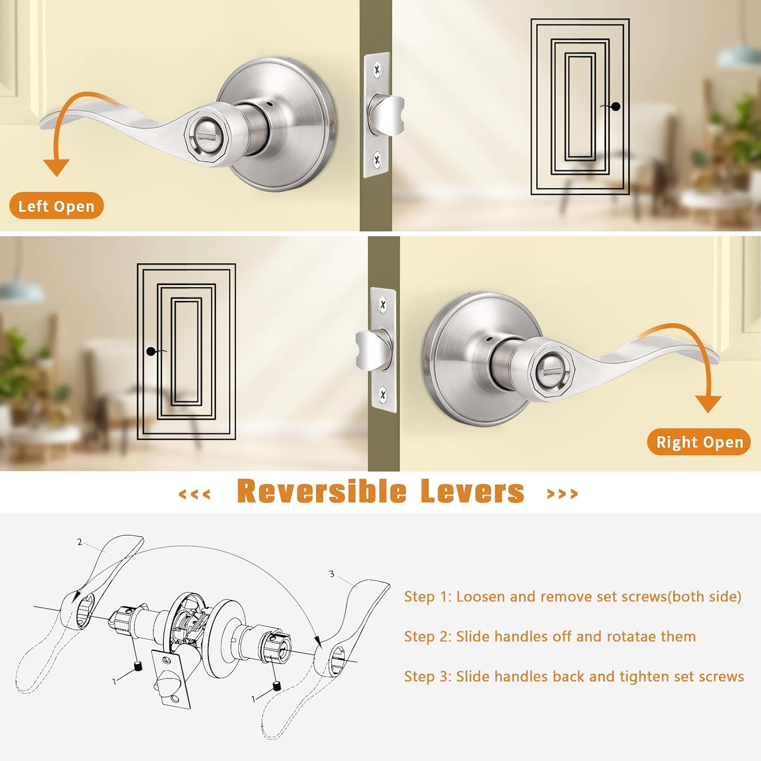 Probrico Wave Style Privacy Door Handles Interior Brushed Nickel Door Lever Lock Keyless Door Lockset for Bedroom and Bathroom Reversible Door Handle Knob for Left and Right Handed Doors, 3 Pack