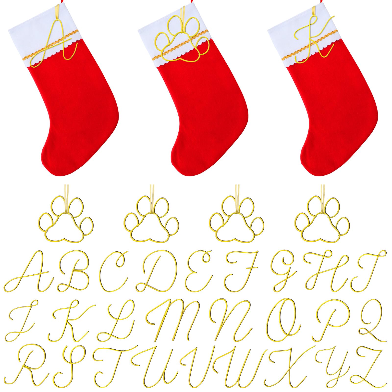3 Pcs Red Christmas Stocking 26 Pcs Metal Wire Initial Alphabet Letter Ornament Xmas Stocking Tags 4 Pcs Dog Paw Christmas 1 Roll Ornaments Gold Satin Ribbon for Christmas Tree DIY Crafts