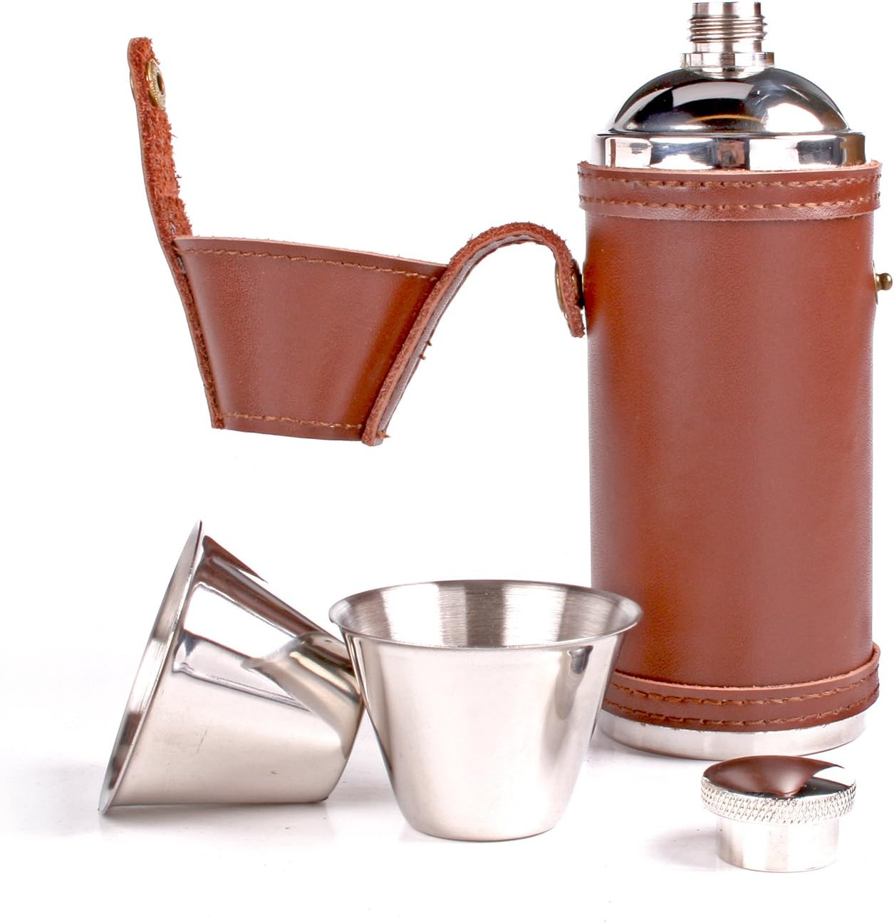 Stainless Steel Large 8oz Round Brown Leather Hip Flask with 2 Concealed Cups in Lid
