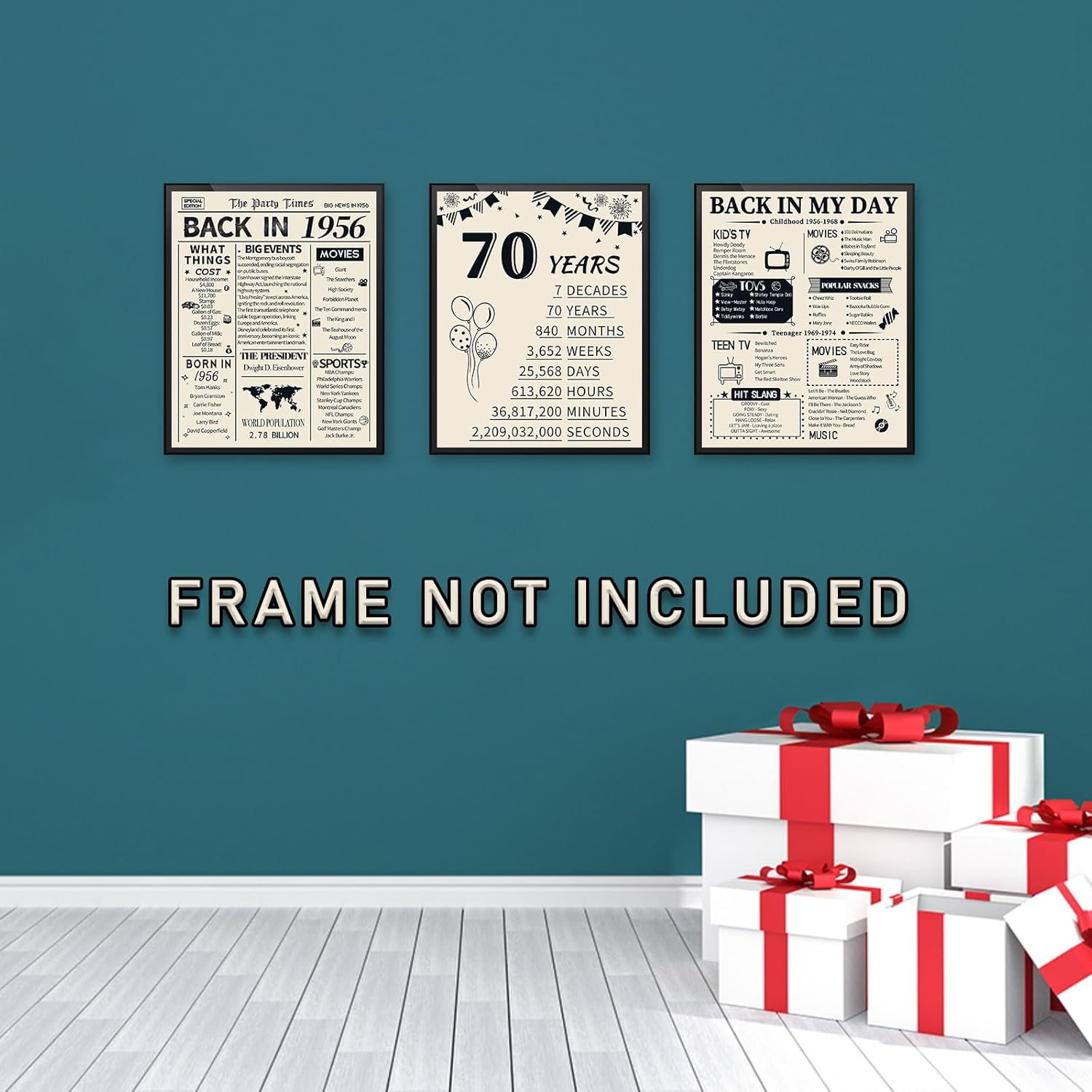 HOMANGA 70th Birthday Decorations for Men and Women, 3 Pieces Vintage 70 Years Birthday Anniversary Posters, Back in 1956 Party Decoration Supplies, 70th Birthday Gifts for Men and Women 8x10 Inch - Image 6
