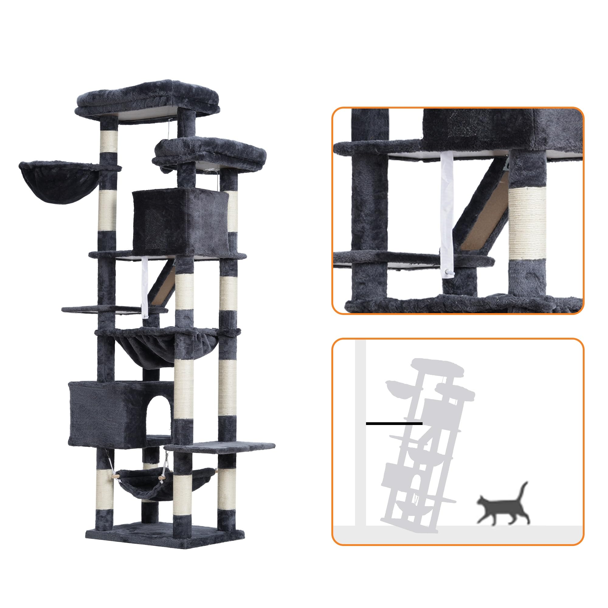 Heybly Albero Per Gatti, Torre 180 cm, 2 Piattaforme, 2 Capanne, 2 Amache, Pannello Per Sgualabocche. Grande Mobile Per Gatti Con Spazio Dormire, Grigio Fumo HCT034G