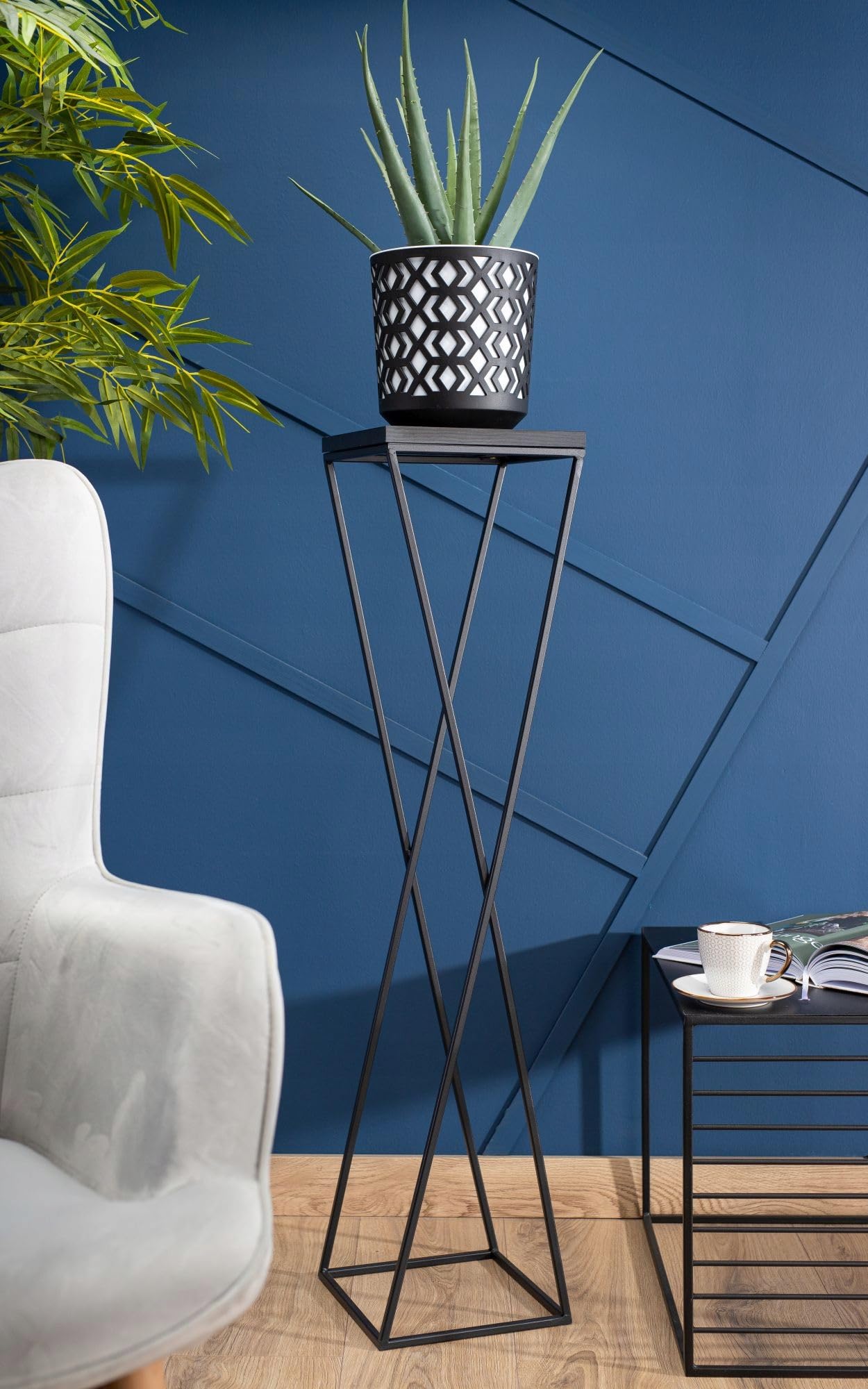 Pflanzenständer Metall 100 cm Hoch - Stabiler und Fester Blumenhocker mit Schwarz MDF-Platte auf Robuste Ständer - Blumenständer zur Dekoration Innenräumen