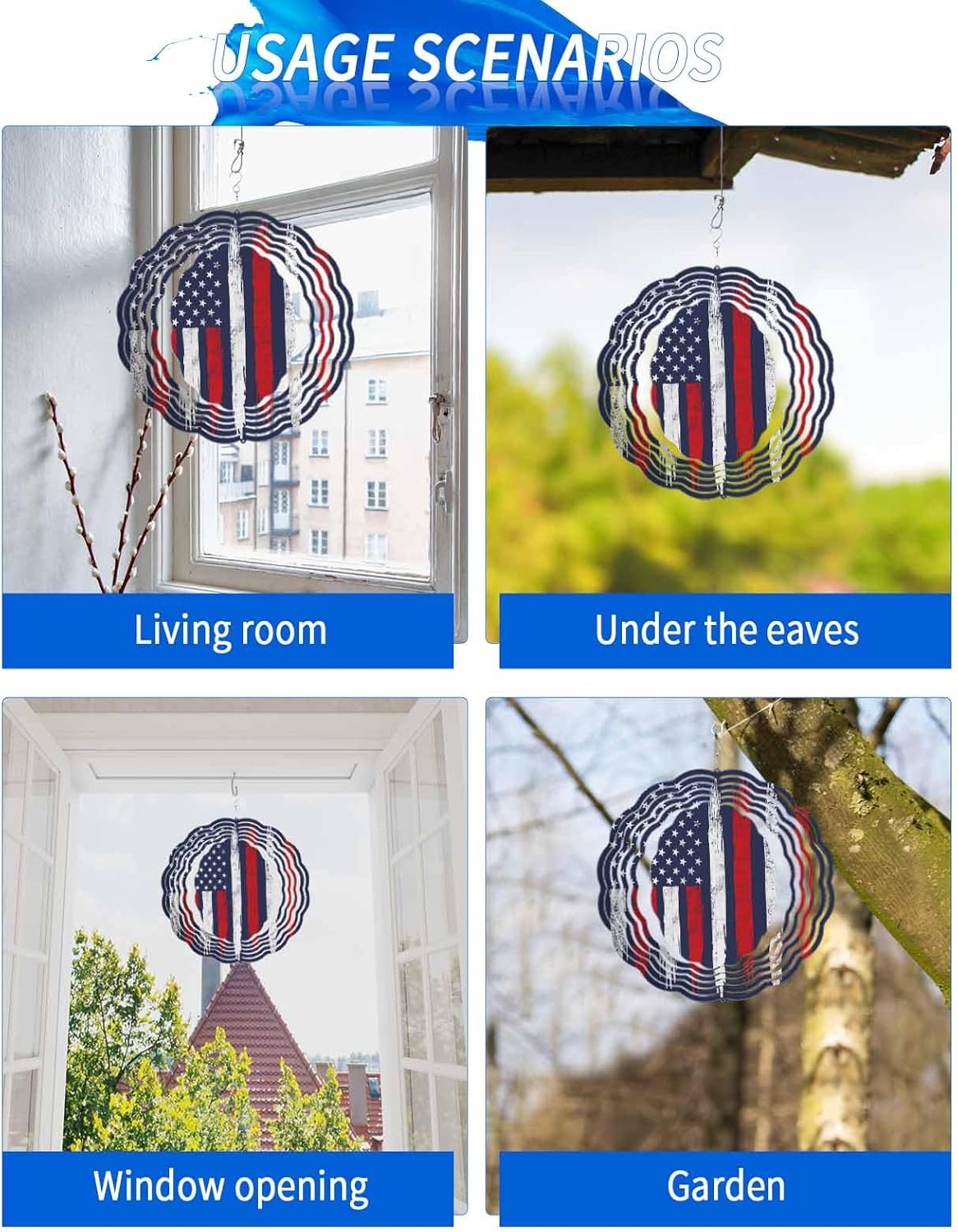 USA Flag Independence Day Wind Spinner for Garden Yard 3D Stainless Steel Hanging Wind Spinners, Retro Stripes and Stars Spinners Outdoor Metal Decor for Lawn Patio Home