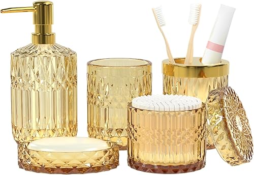 Juego de 5 accesorios de baño marrones, accesorios de baño de vidrio ámbar con soporte para cepillos de dientes, dispensador de jabón, jabonera,
