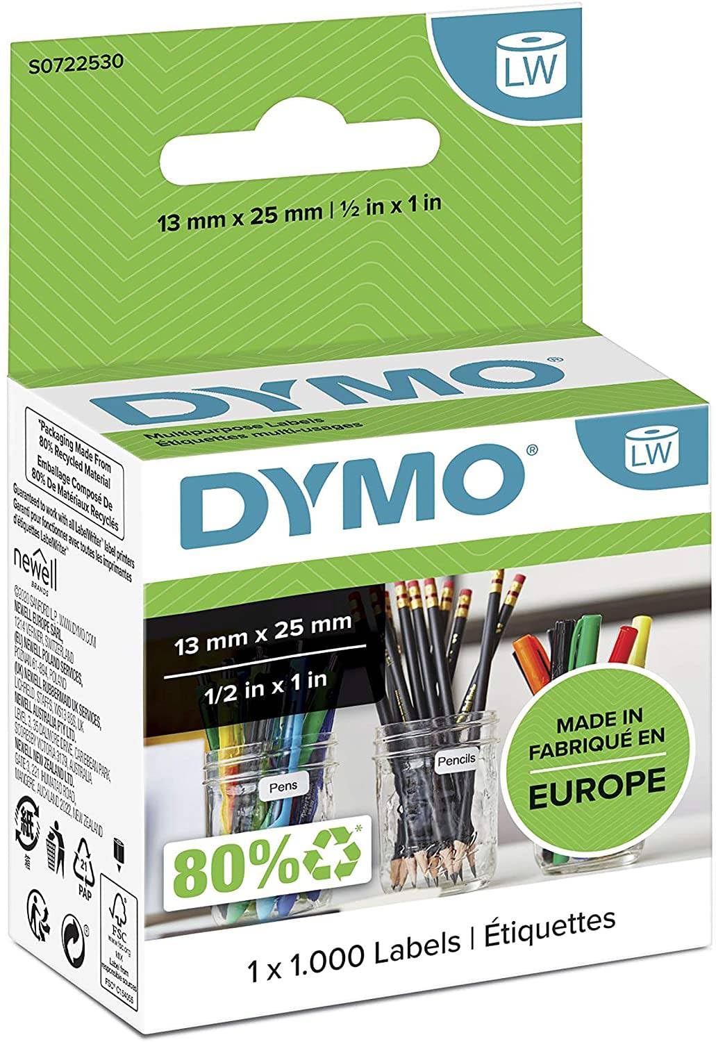 Image secondaire de Dymo 6X DYMO Authentic LabelWriter Petites étiquettes multi-usages S0722530 | 13 mm x 25 mm | Autocollant | Rouleau de 1000 | Ét