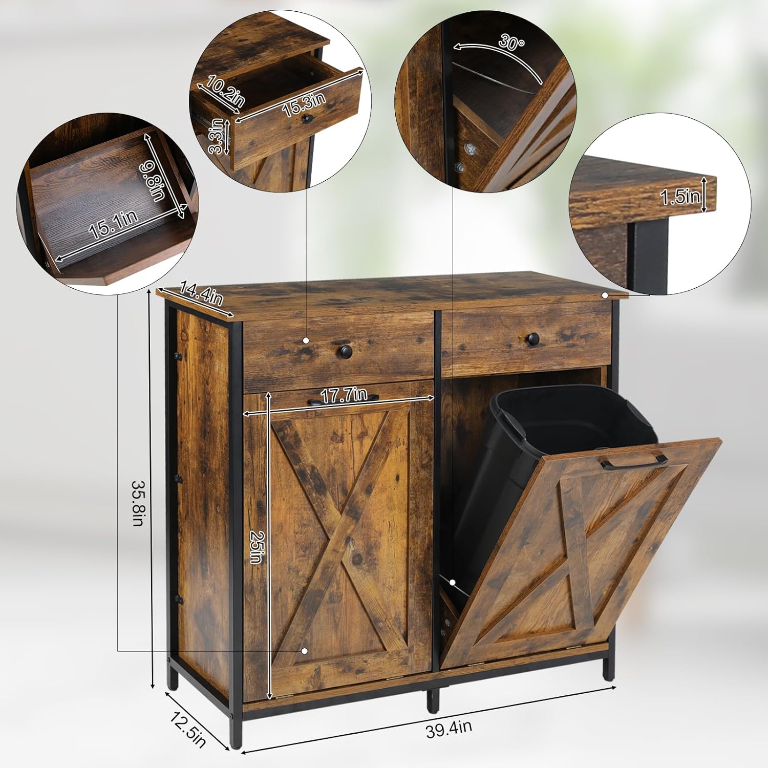 MAMIZO Double Tilt Out Trash Cabinet 10 Gallon*2,Kitchen Garbage Cabinet,Pet-Proof Standing Hidden Dual Laundry Sorter,W/Hideaway Drawer,for Kitchen,Living,Dining Room (Rustic Brown)