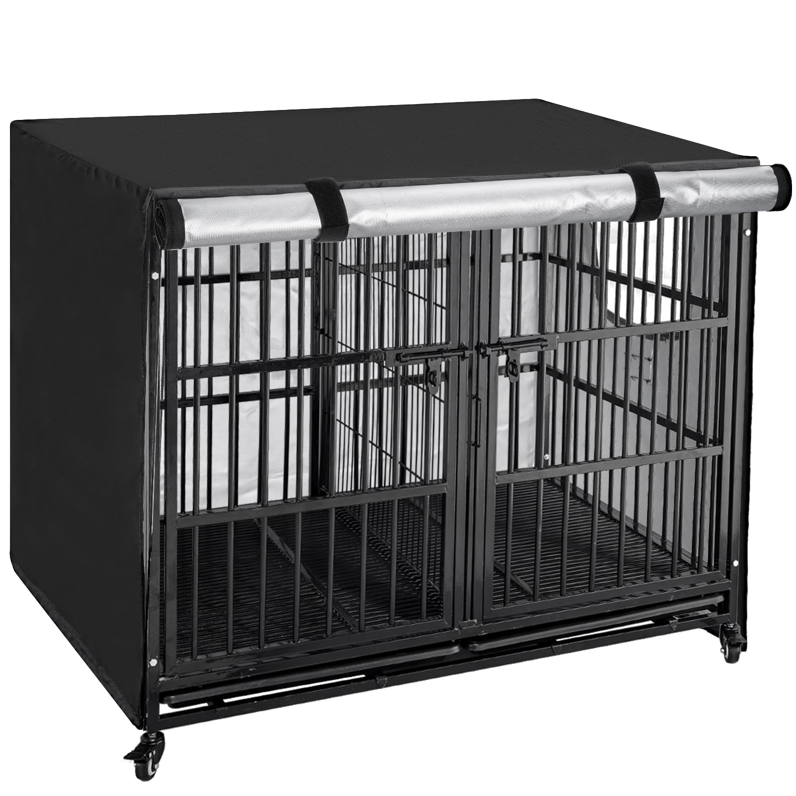 OUUTMEE Copertura per box per cani in poliestere 210D, impermeabile, con porta e finestra ventilata, 125LX79WX84H, impermeabile, protezione solare/blocco della luce, colore nero