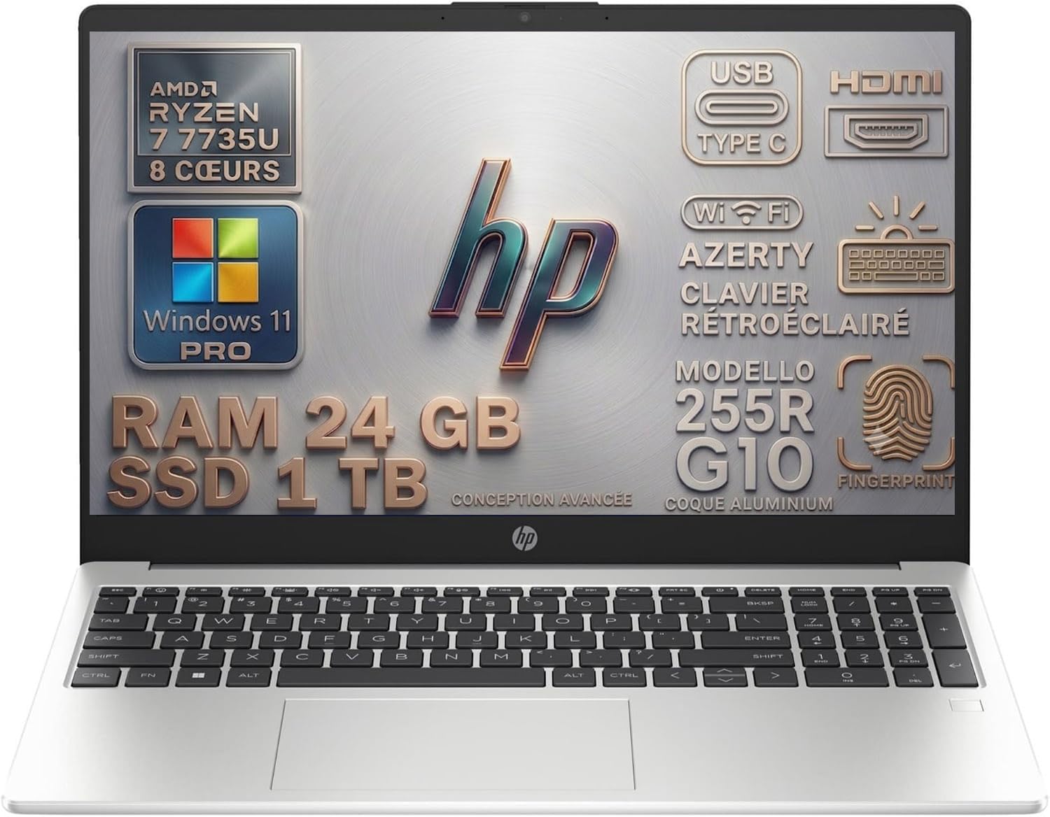 HP 255R G10 Ordinateur Portable AMD Ryzen 7 7735U 4.75 GHz, RAM 24Go DDR5, SSD 1To, Écran 15.6" FHD, Châssis Aluminium, WiFi6E, Caméra FHD, Clavier AZERTY Rétroéclairé, Empreinte Digitale, Win11 Pro
