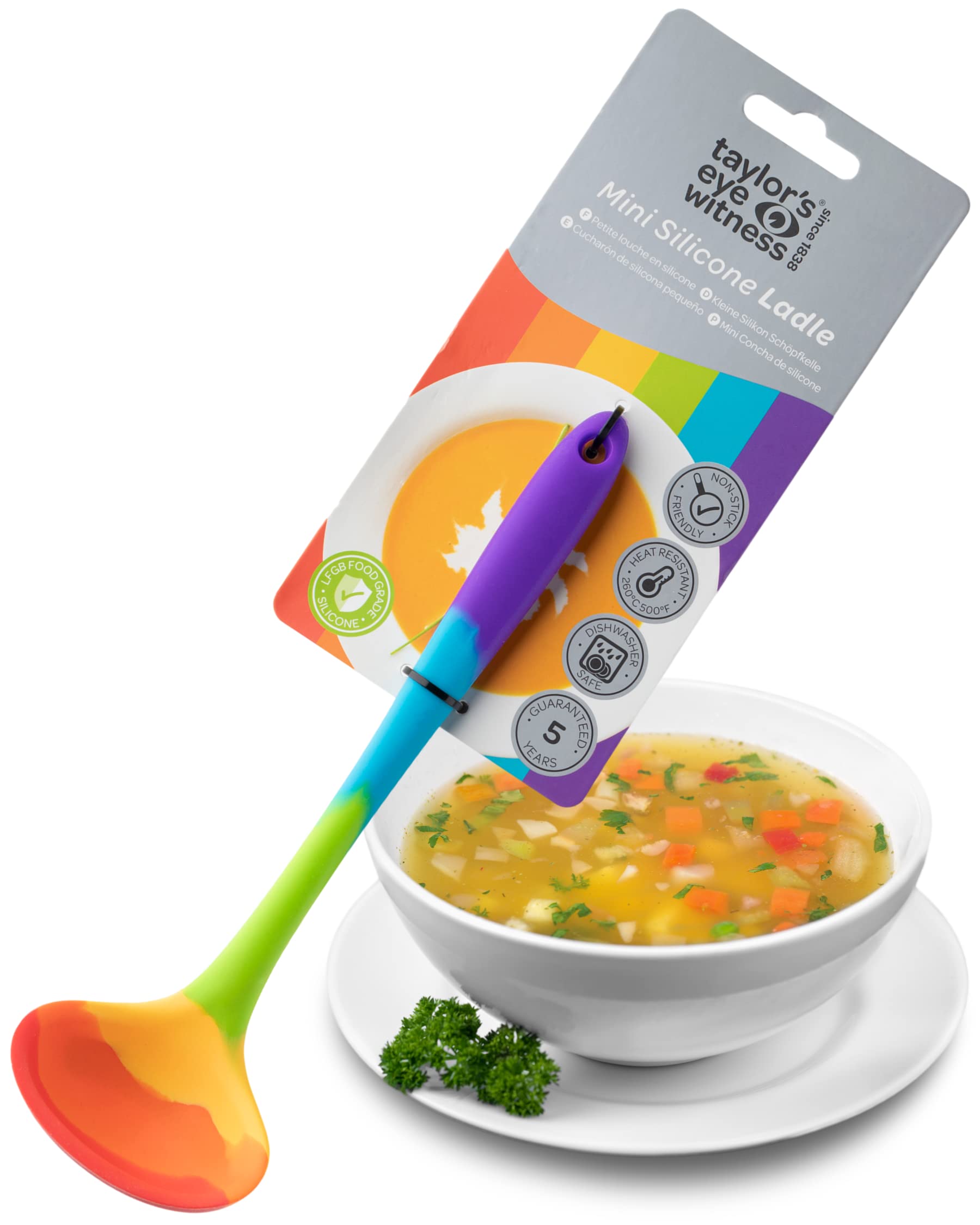 Taylors Eye Witness Rainbow Mini Silicone Ladle Spoon - Dishwasher Safe. Perfect for Non-Stick Pans. Hygienic Alternative to Wood. Odour, Stain & Heat Resistant (260°C/500°F). 5 Year Guarantee. — image 1