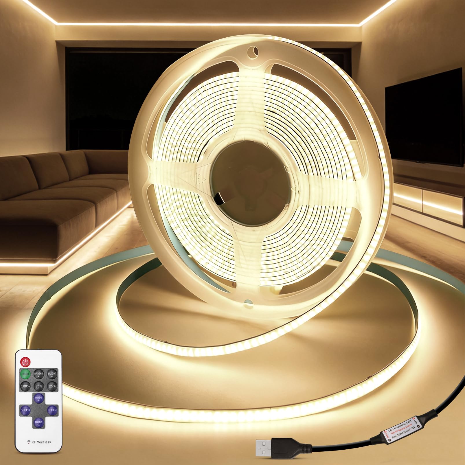 KSIBNW USB LED Strip Light COB 2M, 5V Dimmable Led TV Backlights with Remote Control, Natural White 4000K LED Light Strips Flexible Tape Lights for Bedroom Kitchen Under Cabinet Mirror Home Decor