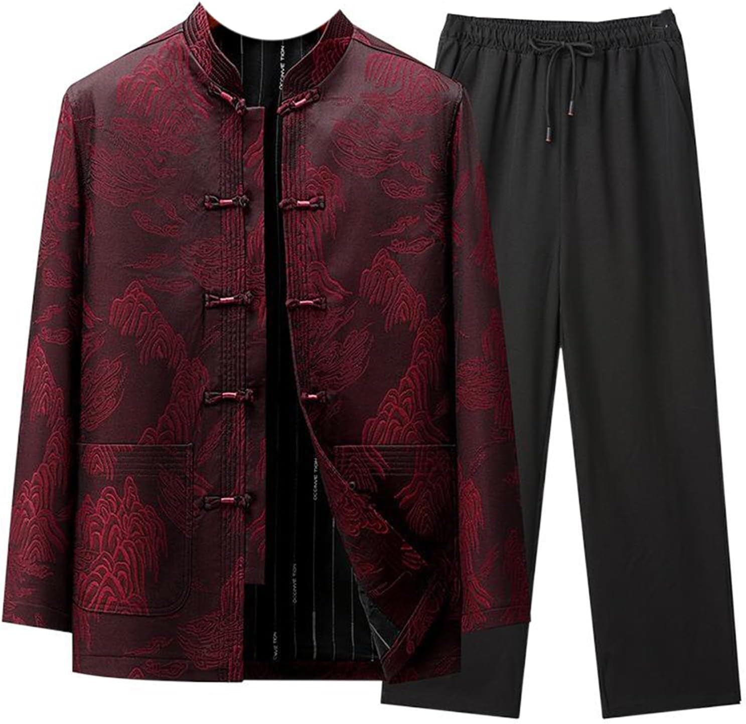 Men's Casual Chinese Style Suit, Middle-Aged and Elderly Tang Suit, Long Sleeve Loose 2-Piece Set