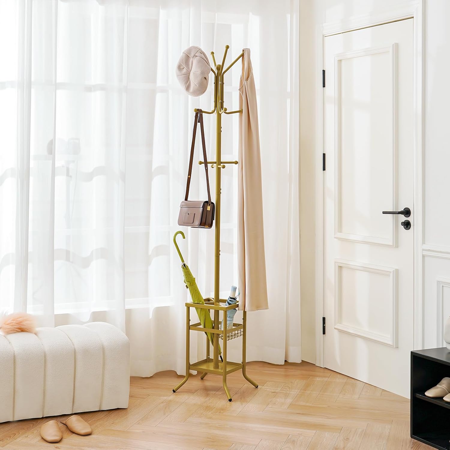 yoobure coat rack freestanding - coat tree with umbrella holder, metal coat rack stand with 12 hooks, modern coat hanger stand for entryway, purse rack hat rack stand for living room bedroom office gold