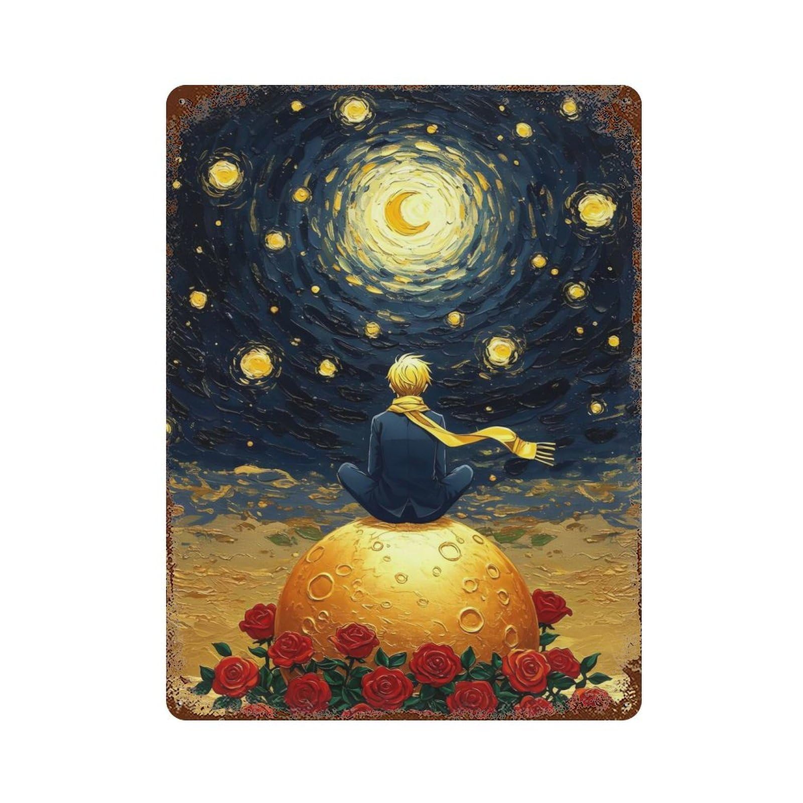 The Little Prince on The Moon Rust Effect Tin Sign 15.7"x11.8", Farmhouse Wall Decor for Farmhouse, Kitchen And Entryway Decor