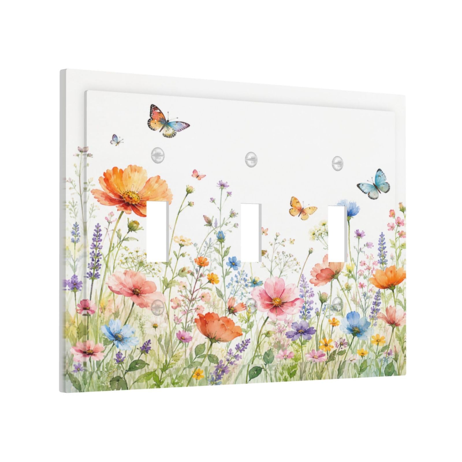 Xuejiaku Decorative Light Switch Cover Plate Watercolor Wild Lavender Butterfly Spring Meadow Floral 3 Gang Wall Plates Triple Toggle Switch Plate Covers Outlet Covers Faceplate for Home Decor