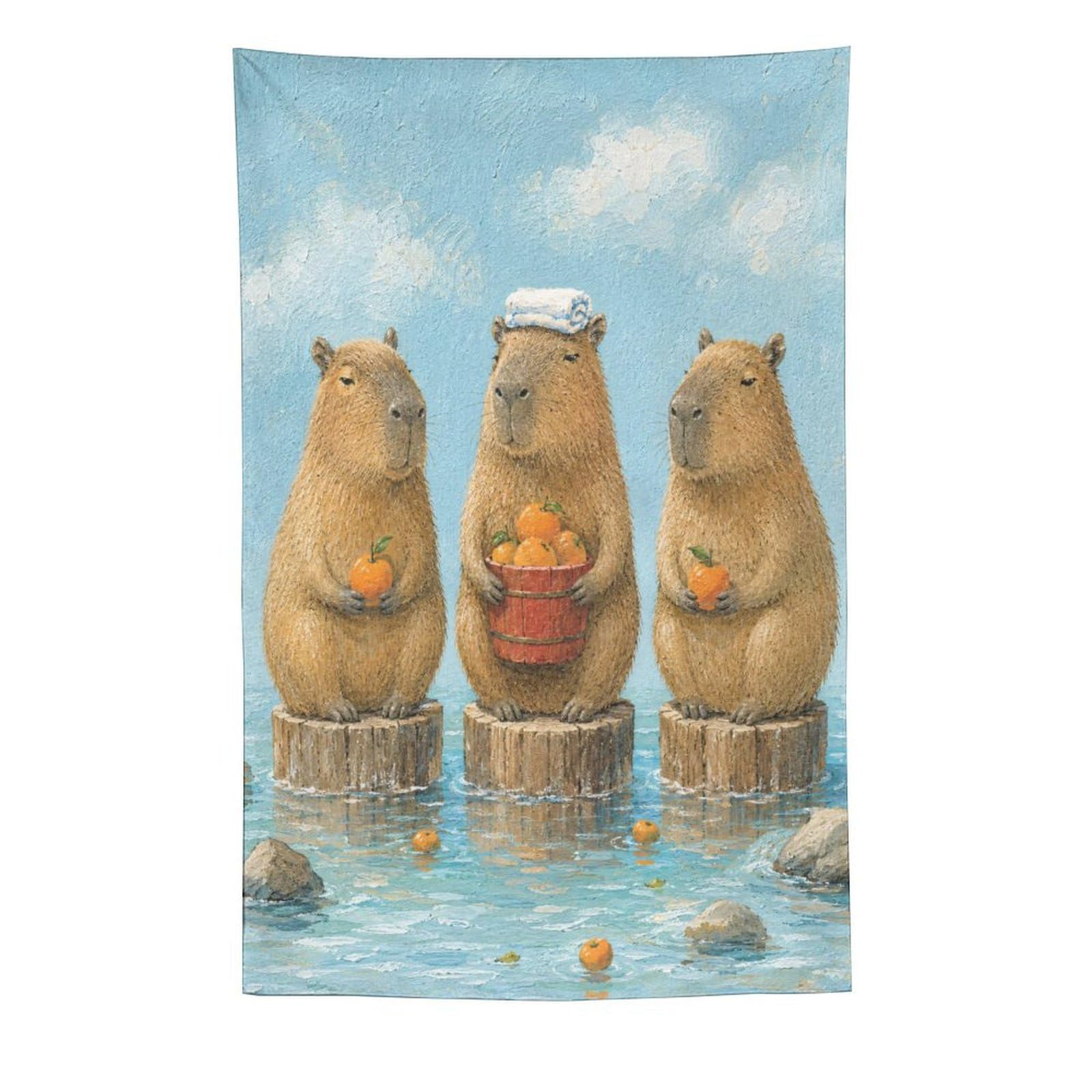 H3B8U2Y5 Capybara Trio with Fruit Wall Tapestry, Watercolor, Living Room