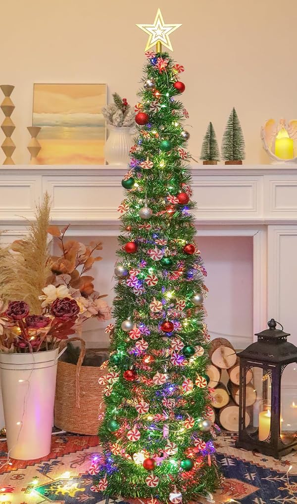 HMASYO 5 FT Pop Up Christmas Tree with Timer Lights and Decorations, Green Tinsel Christmas Tree with Candy and 24 Balls Ornament, Collapsible Pencil Tree Xmas Decoration for Home, Office, Party by HMASYO - Used condition - CA$16.62