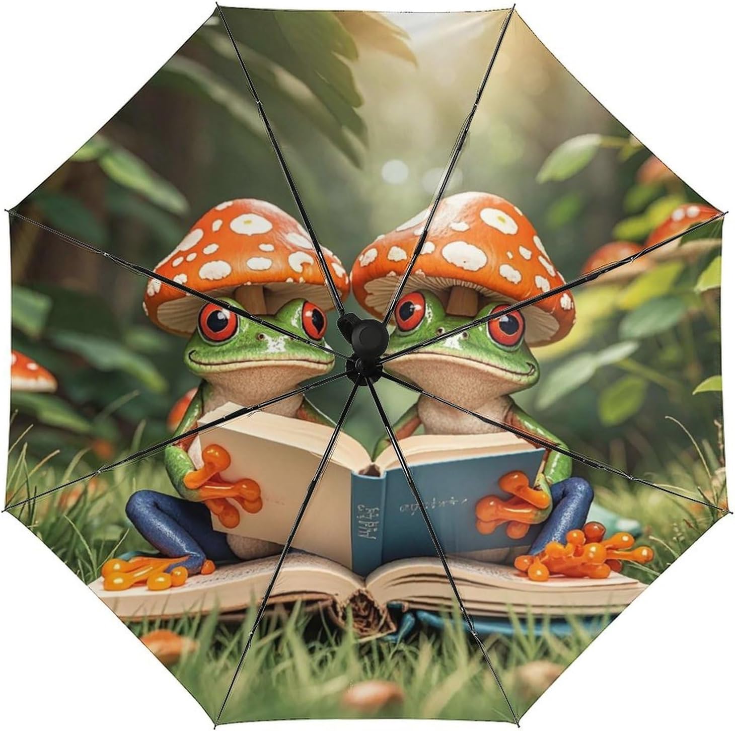 Windproof Travel Umbrella, Small Outdoor UV Umbrellas, Automatic Folding The Frog Family Is Reading Umbrella for Rain And Sun, Compact And Convenient for Women Men