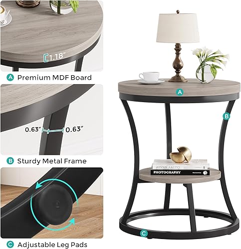 Miniatura 5 de Juego de mesas auxiliares redondas de 2 piezas, mesa auxiliar industrial de 2 niveles, mesa de noche acento con marco de metal para sala de estar,