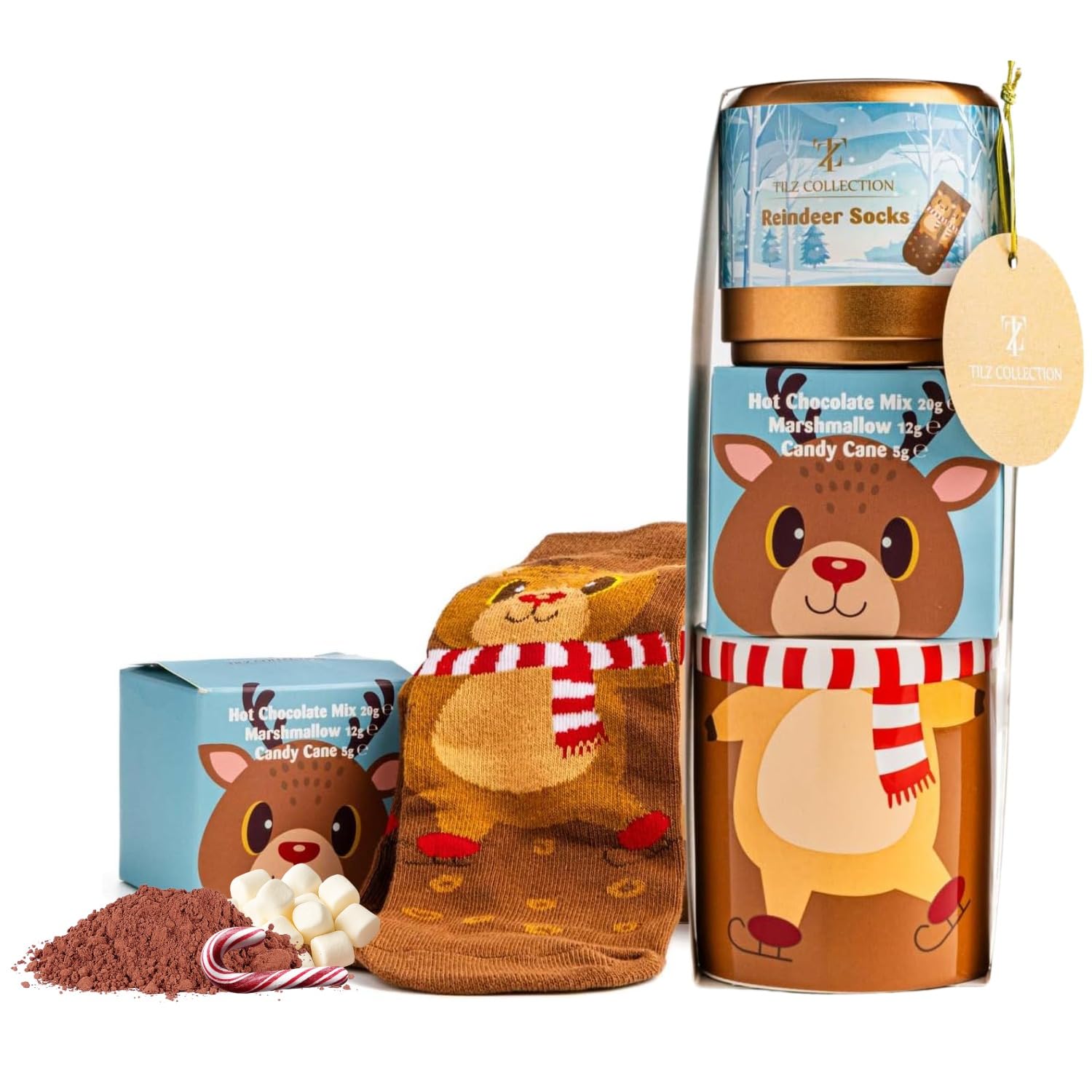 Hot Chocolate Gift Set With Mug, Socks, Candy Cane - Reindeer Kids Hot Chocolate Mug Gift Set With Mini Marshmallows (With Socks)