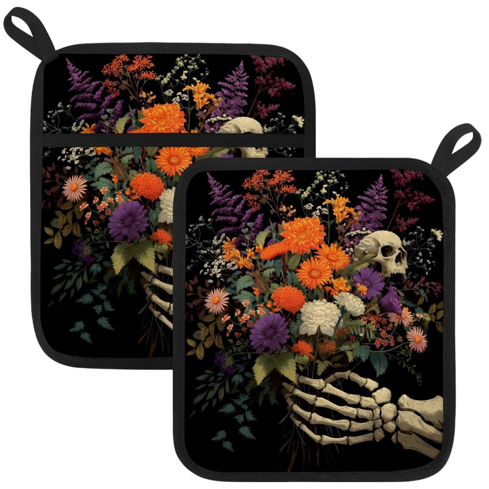 VAPOKF Skeleton bouquet Pot Holders with Pocket for Kitchen Heat Resistant Potholders Large Polyester-Cotton Square Oven Mitts Set