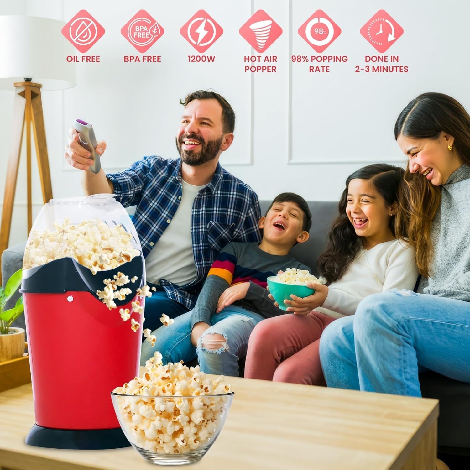 Playpulseยฎ (๐๐ ๐๐๐๐ ๐๐๐๐๐๐๐๐) Electric Popcorn Popper - Oil-Free, 1200W Hot Air Snack Maker, Easy One-Touch Operation for Home Theater, Kids Parties & Game Nights 2