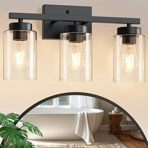 IZORRO Modern Bathroom Light Fixtures, 3 Light Black Vanity Lights, Bathroom Lighting Fixtures Over Mirror with Clear Glass for Living Room Cabinet