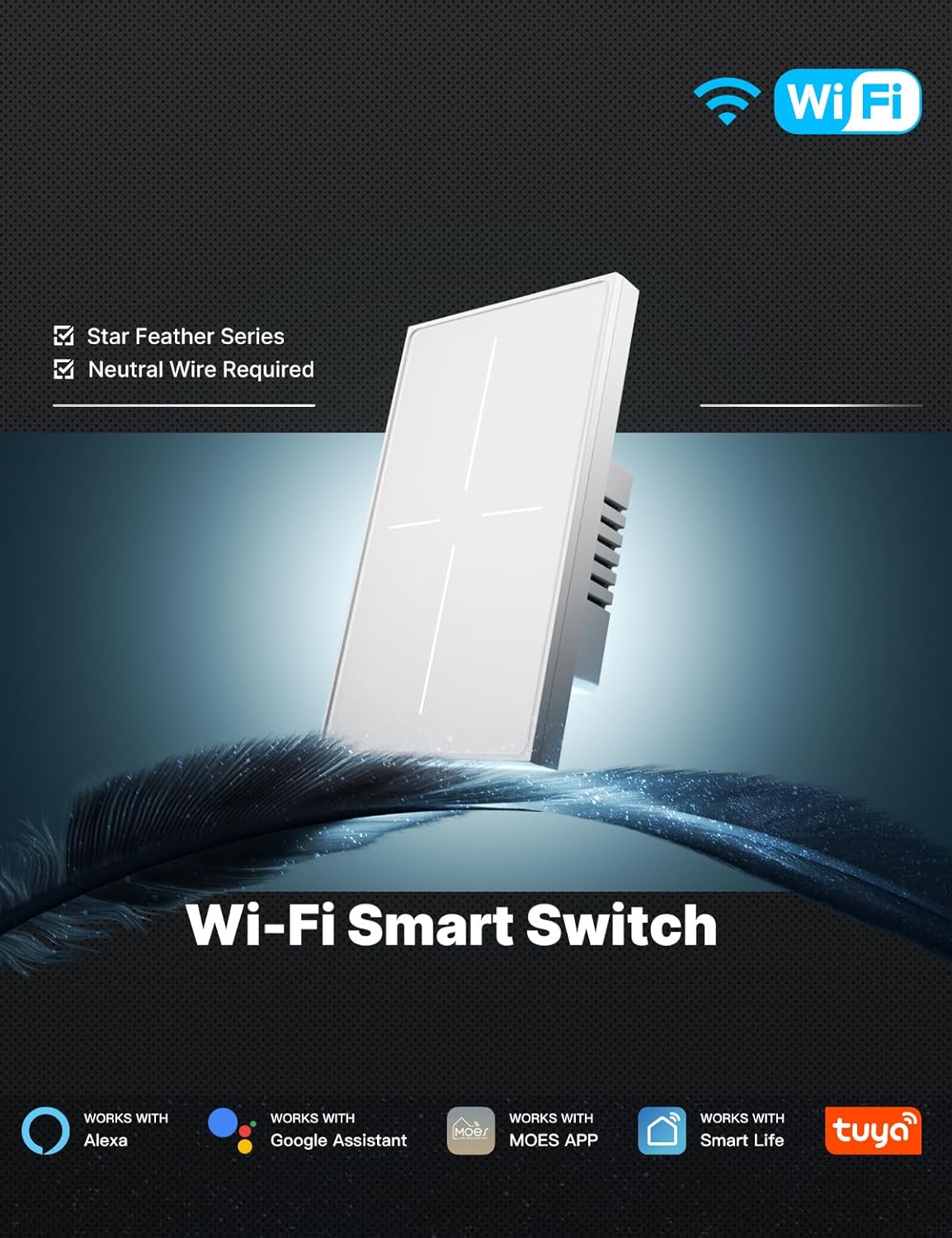 MOES Full Touch Smart Switch, SF(Star Feather 2026 Version) Wall Light Switch, Neutral Wire Required, Anti-Glare Panel, 2.4GHz WiFi Work with Smart Life/Tuya App, Alexa and Google Home White 4 Gang
