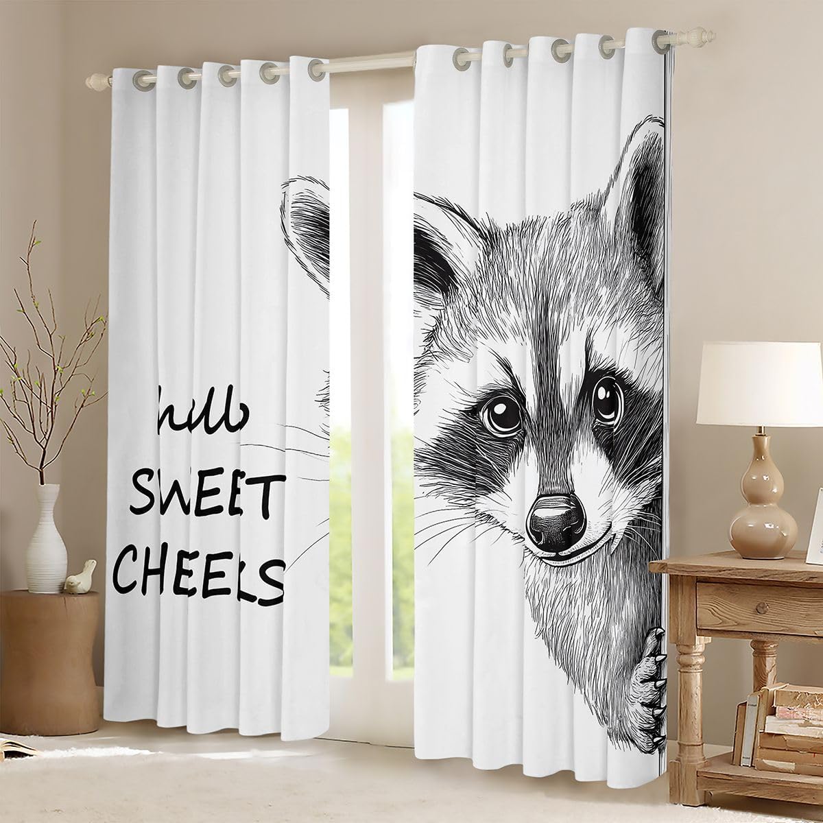 Feelyou Raccoon Curtains for Bedroom Living Room White Blackout Shades Kawaii Room Darkening Curtain Cute Window Treatments, 2 Panels 38 x 45 Inch Funny Animal Decor image 2