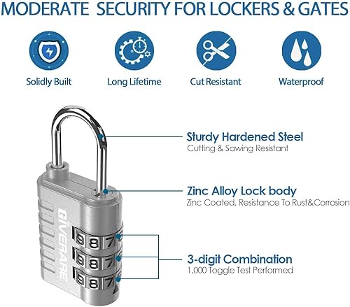 Miniatura 3 de GIVERARE Paquete de 8 cerraduras de combinación, candado de 3 dígitos sin llave, cerraduras de equipaje reiniciables para mochila, gimnasio, escuela