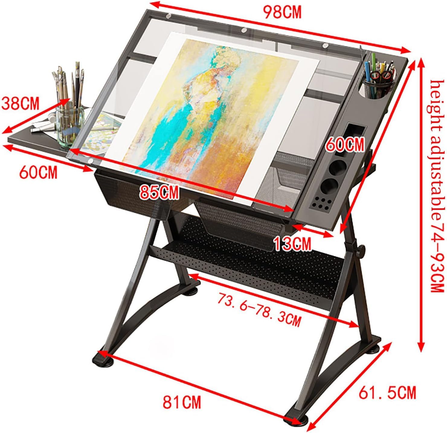 Mesa de dibujo ajustable con taburete, escritorio de arte ajustable en altura, mesa de dibujo de vidrio templado, estación de trabajo versátil para profesionales creativos