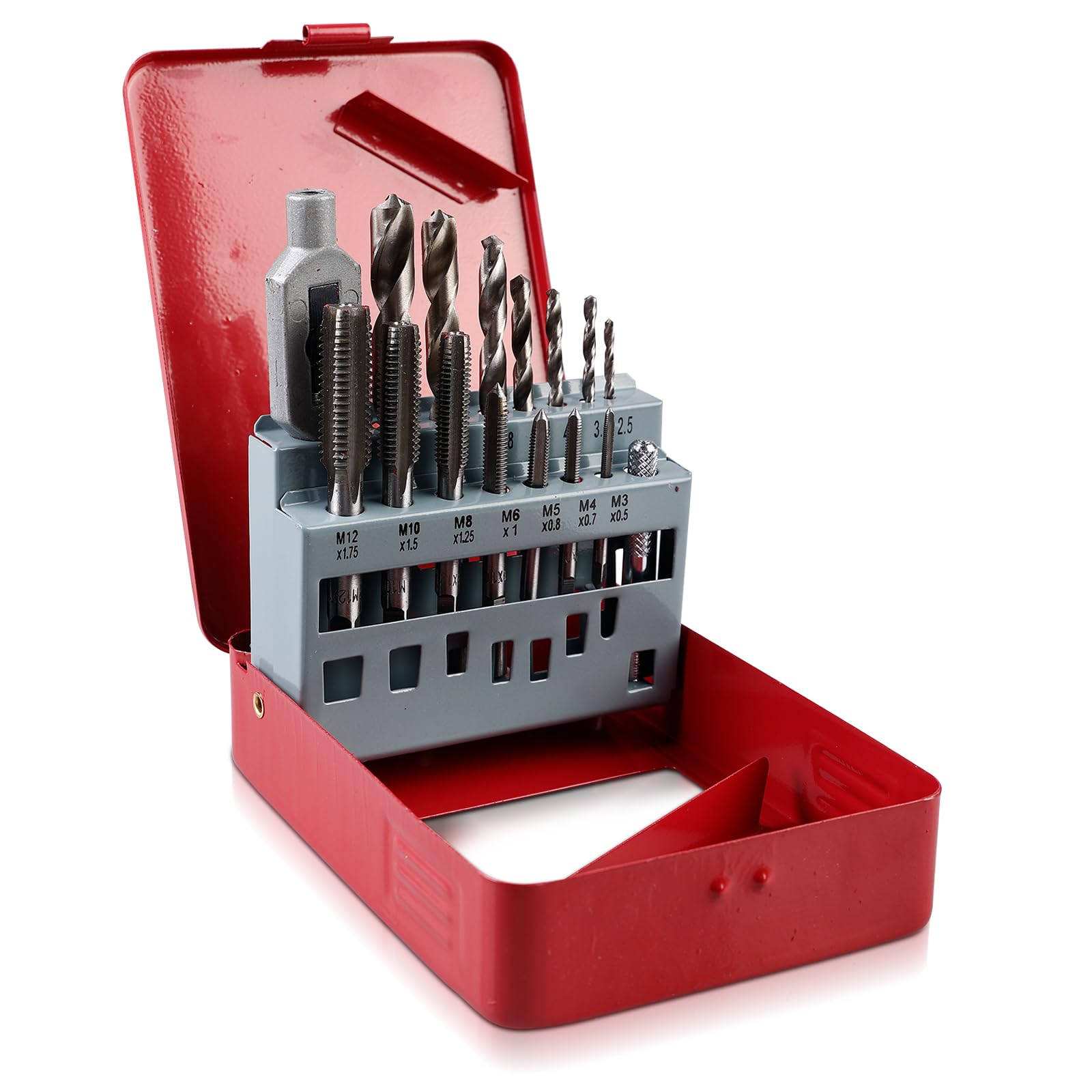 Jeu de tarauds avec cassette en métal : lot de 16 tarauds pour machine, tarauds à carotter, tarauds à tarauder, tarauds à tarauder avec foret