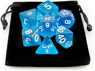 Kit 7 Dados RPG de Mesa D&D Acrílico Translúcido D4 D6 D8 D10 D10% D12 D20 Cor AZUL + 1 Bolsa